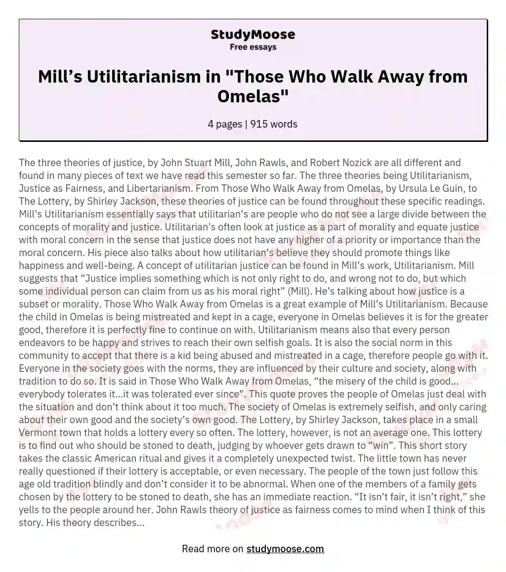 Mill’s Utilitarianism in "Those Who Walk Away from Omelas"