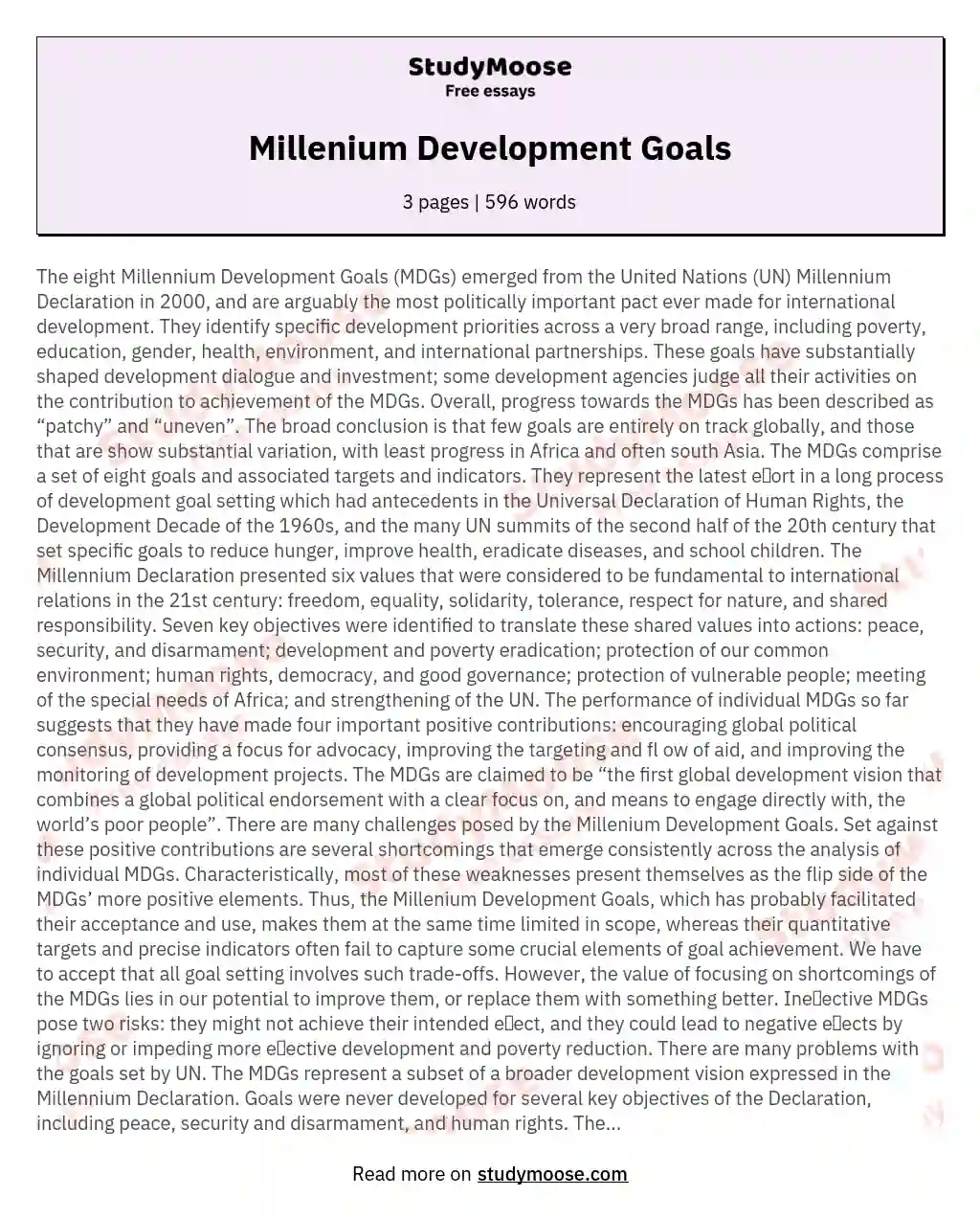 Millenium Development Goals essay