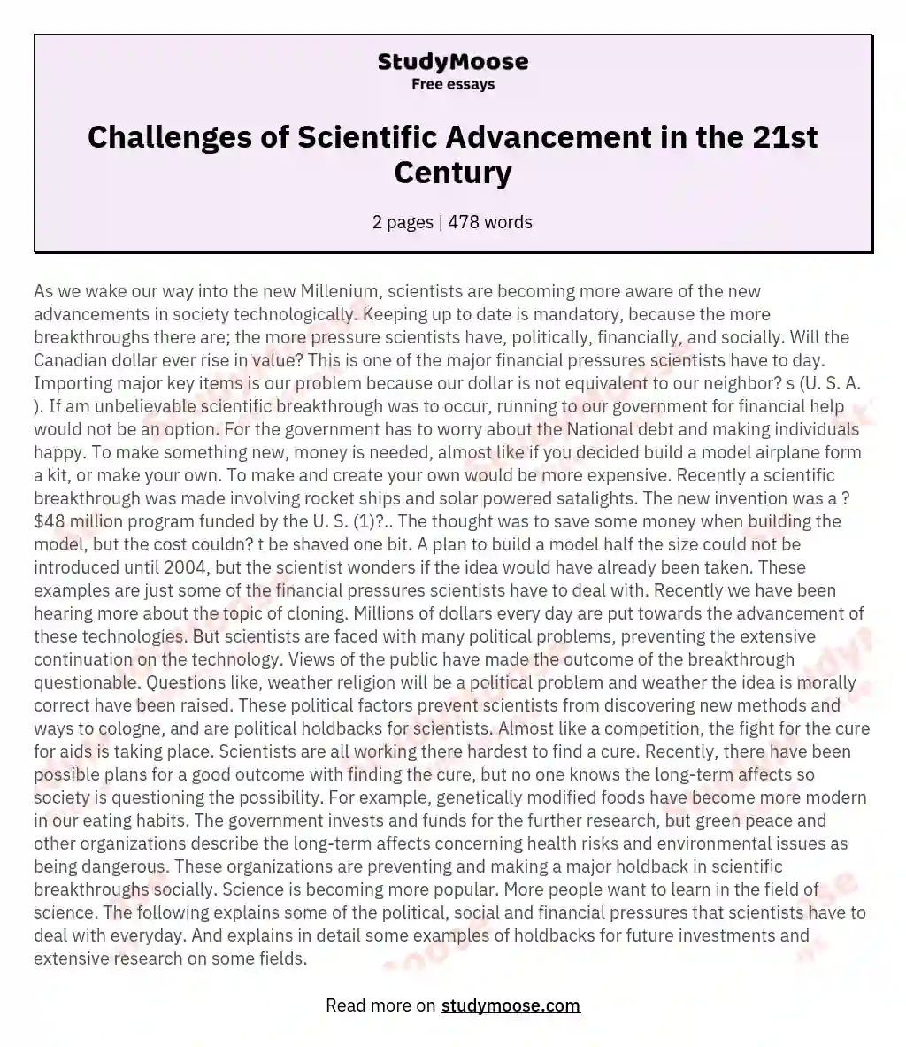 Challenges of Scientific Advancement in the 21st Century essay