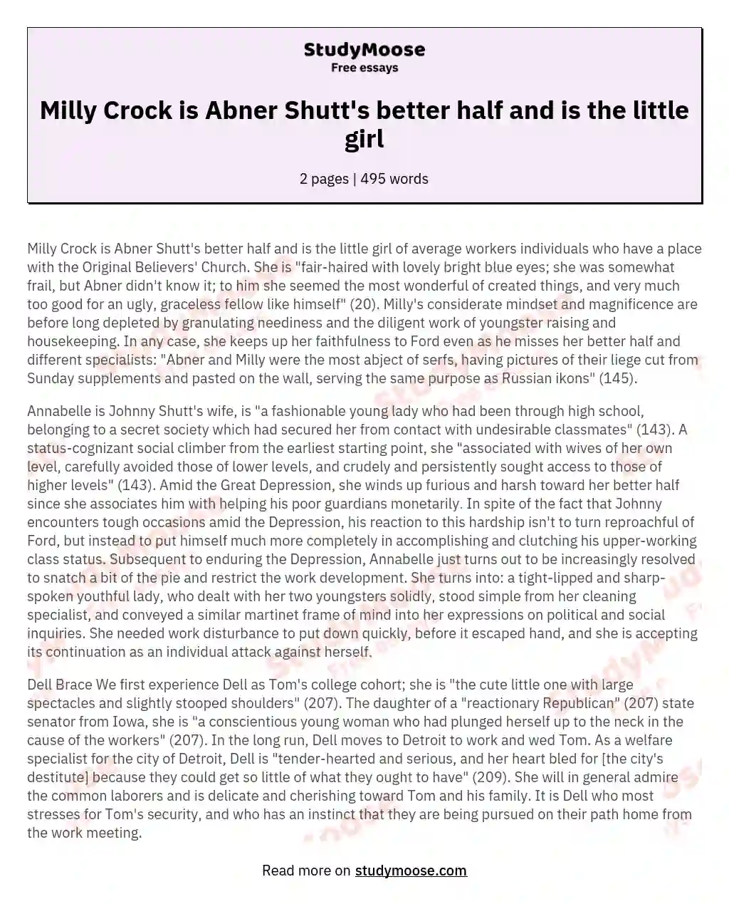 Milly Crock is Abner Shutt's better half and is the little girl essay