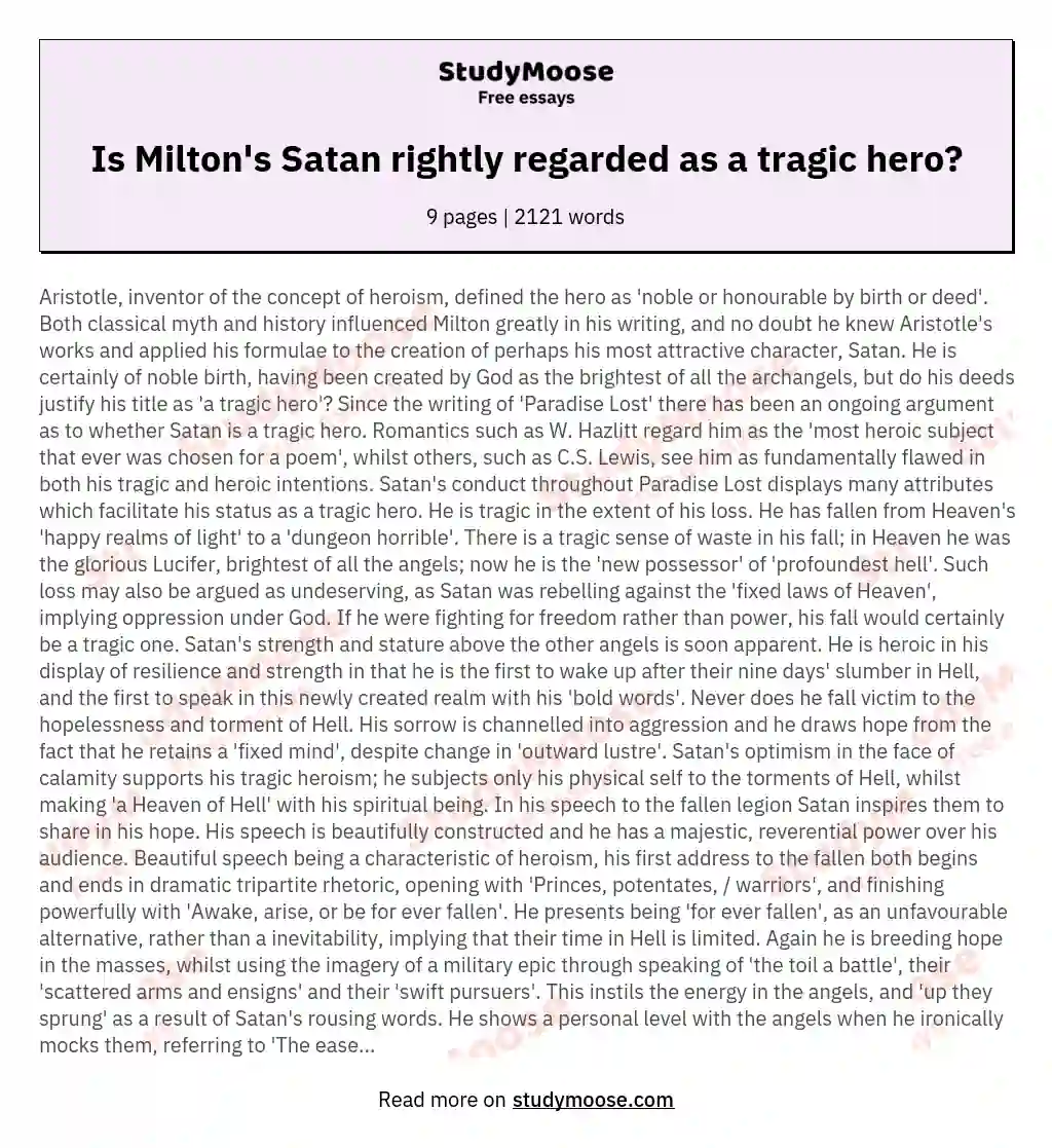 Is Milton's Satan rightly regarded as a tragic hero? essay