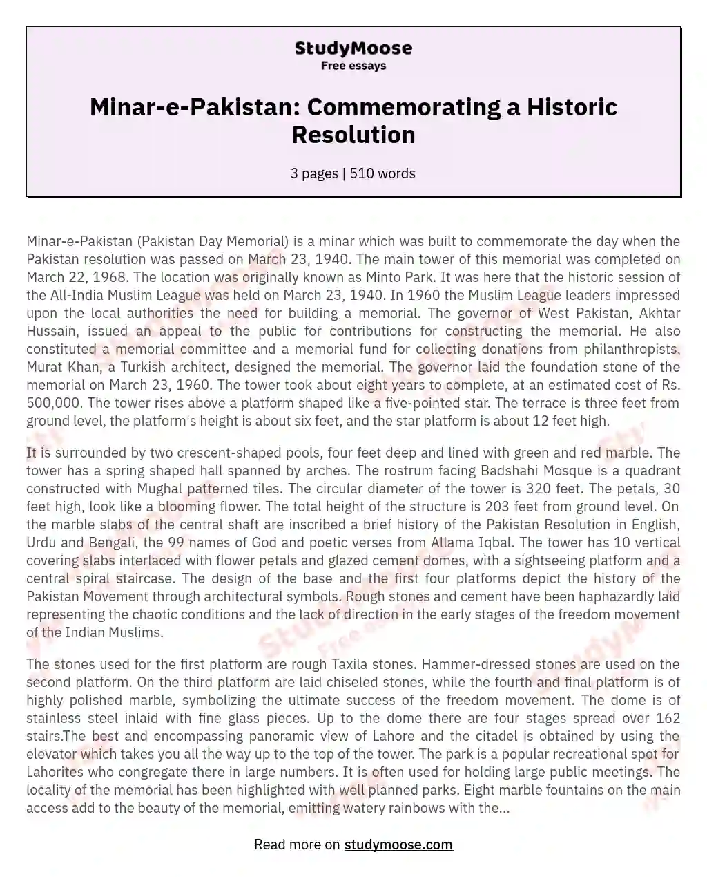 Minar-e-Pakistan: Commemorating a Historic Resolution essay