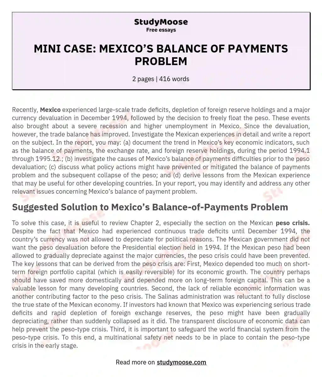 MINI CASE: MEXICO’S BALANCE OF PAYMENTS PROBLEM essay