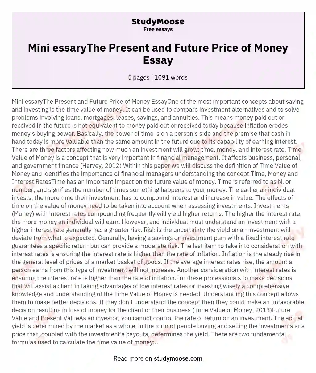 Mini essaryThe Present and Future Price of Money Essay essay
