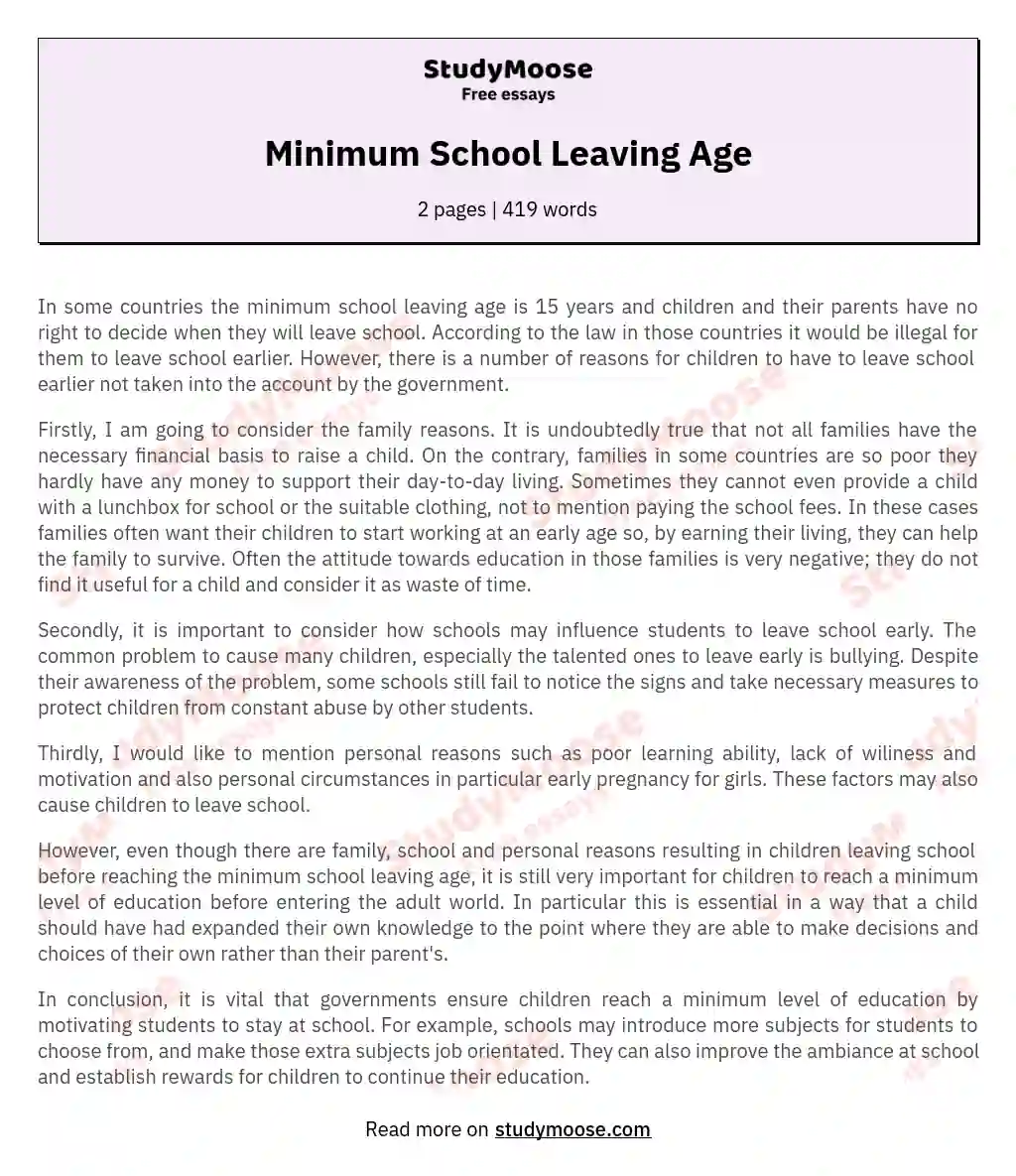 Minimum School Leaving Age