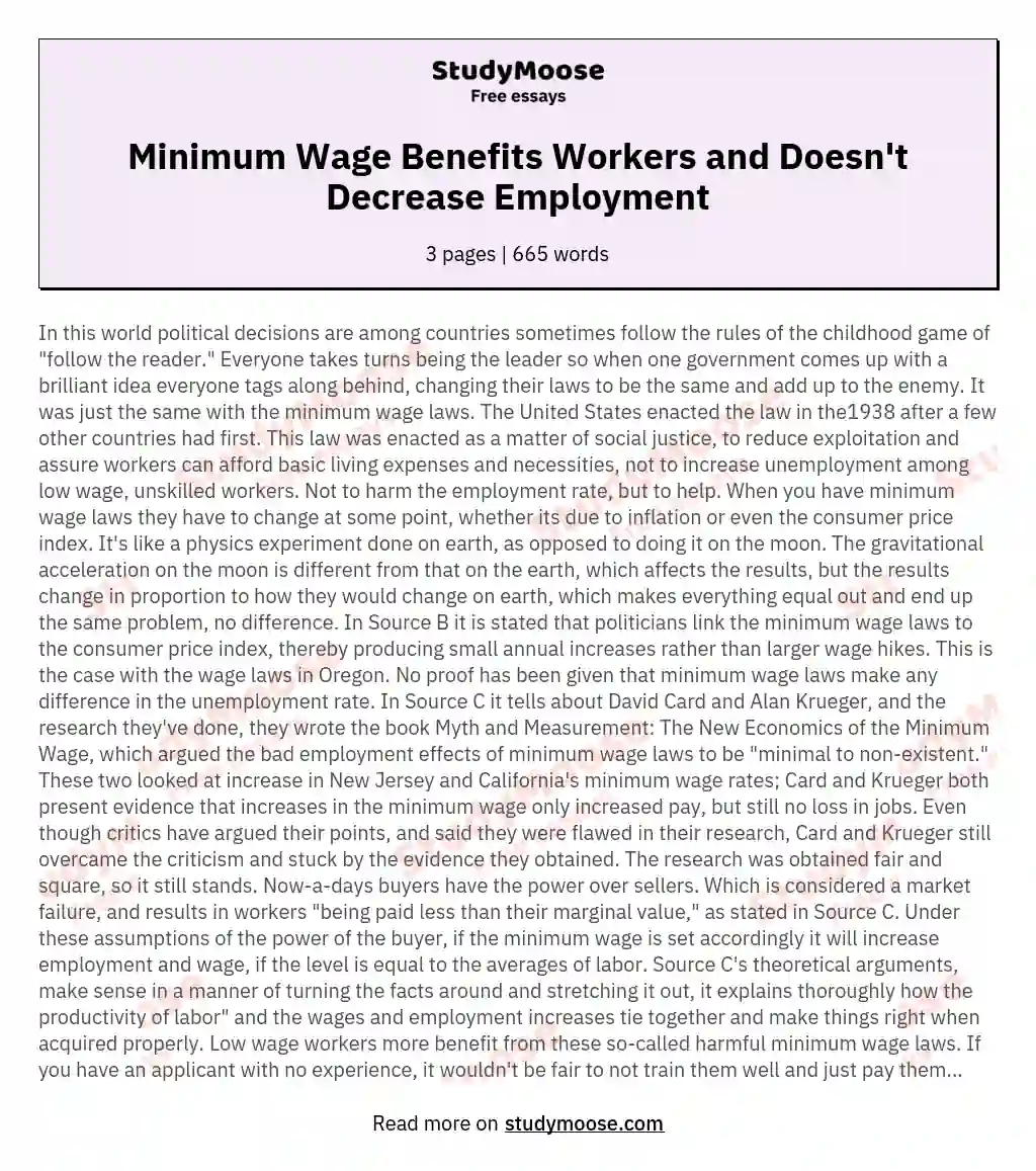 Minimum Wage Benefits Workers and Doesn't Decrease Employment essay