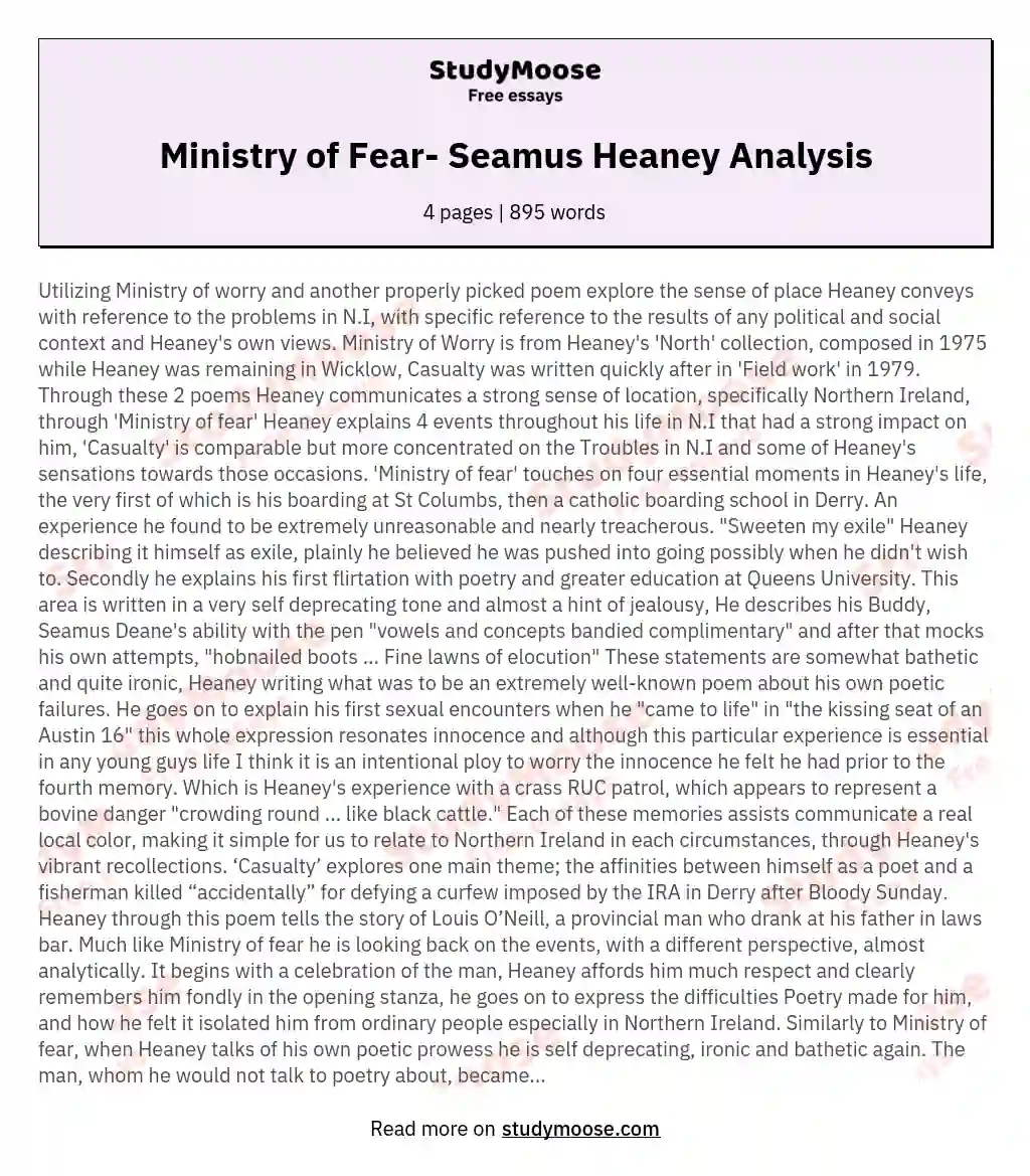 Ministry of Fear- Seamus Heaney Analysis
