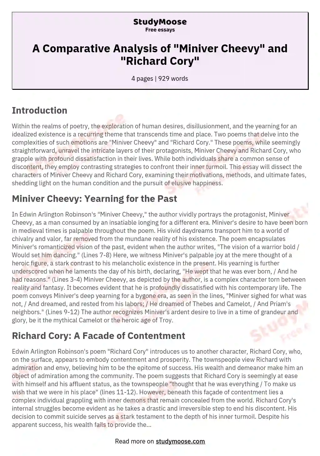 A Comparative Analysis of "Miniver Cheevy" and "Richard Cory" essay