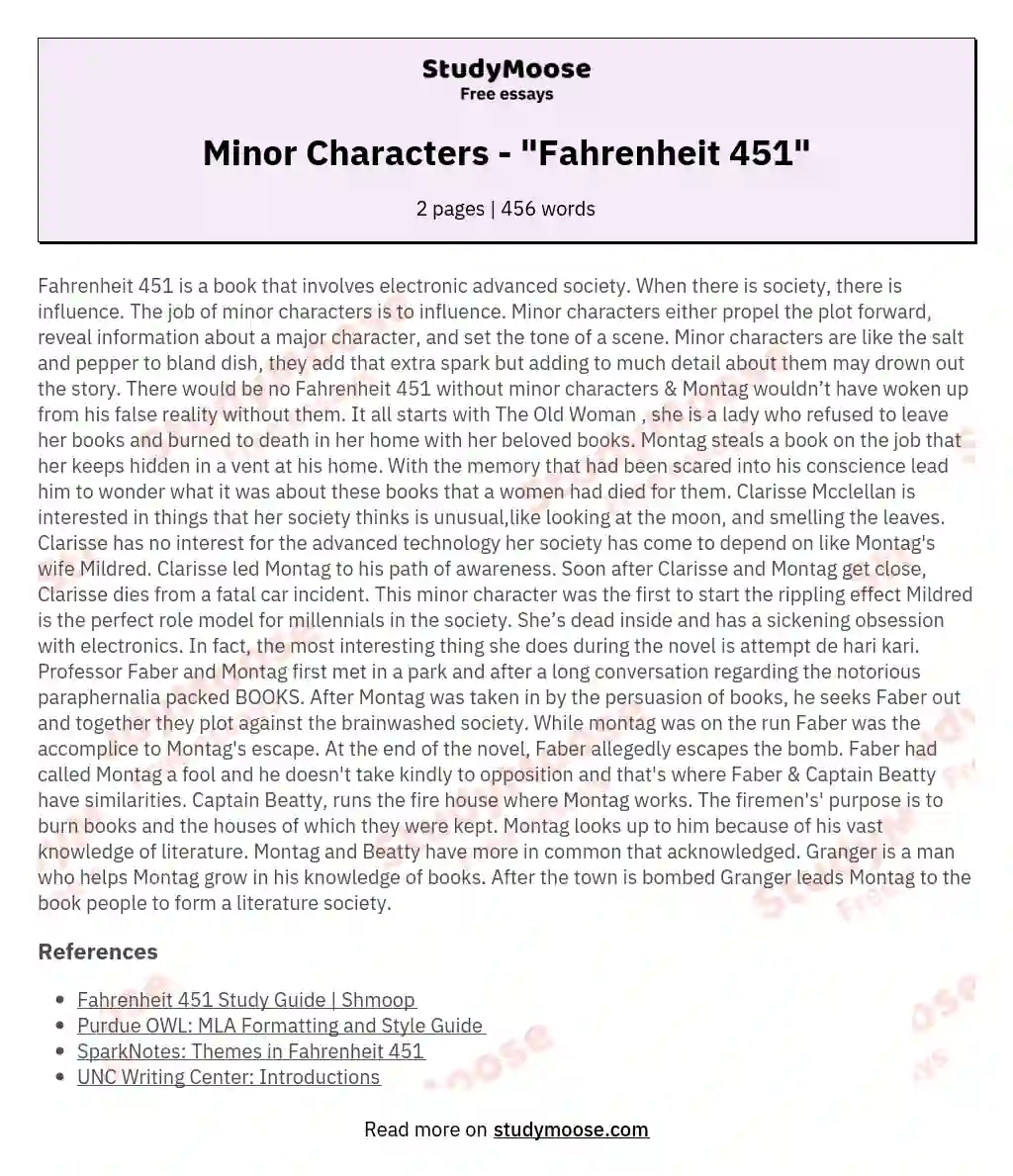 Minor Characters - "Fahrenheit 451" essay