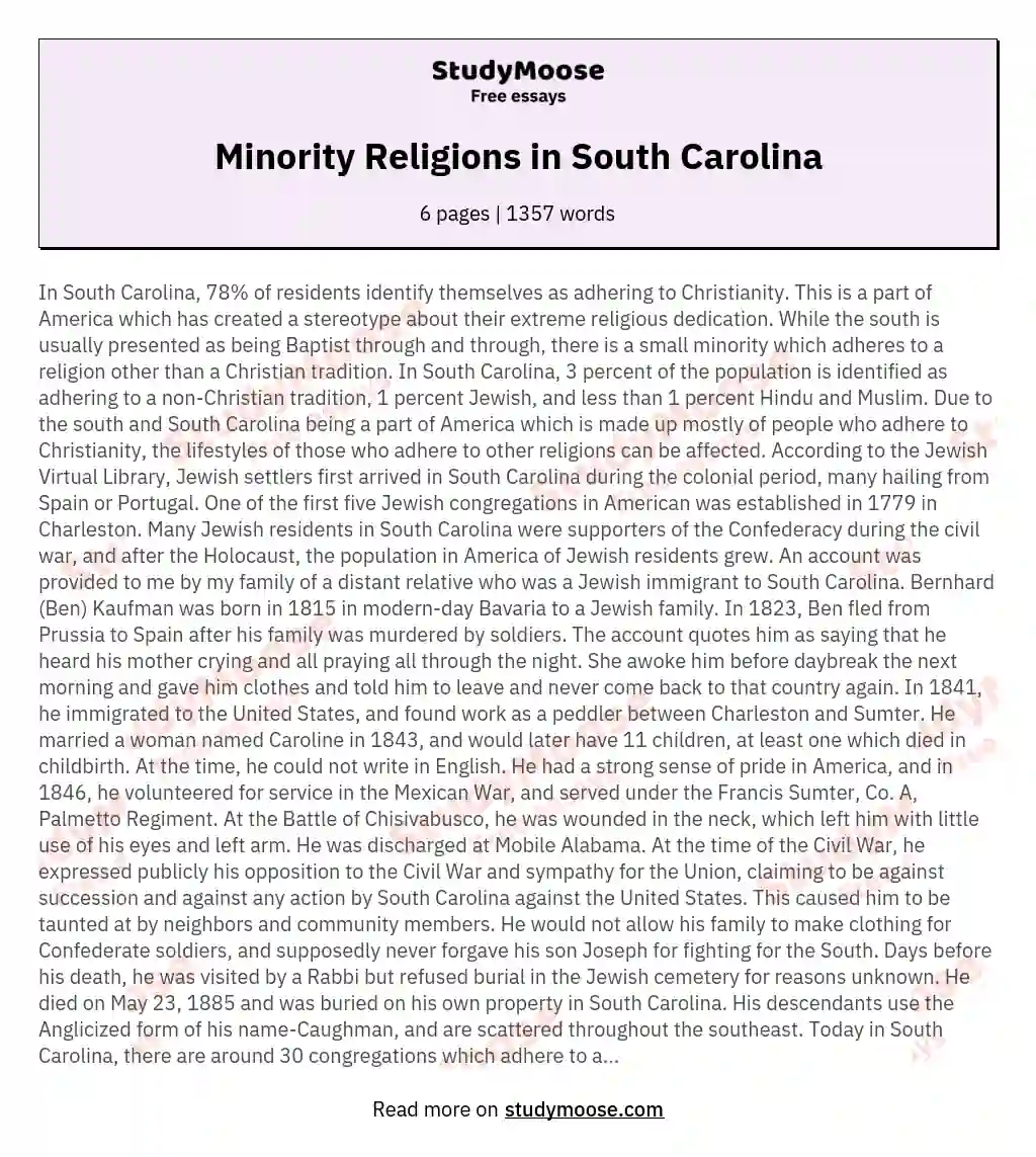 Minority Religions in South Carolina essay