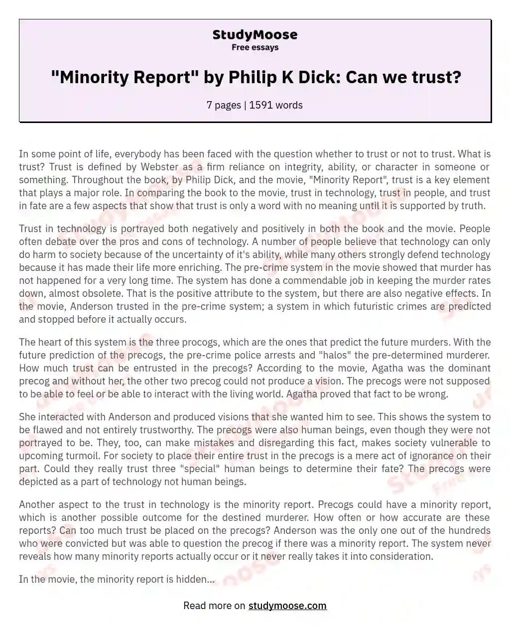 "Minority Report" by Philip K Dick: Can we trust? essay