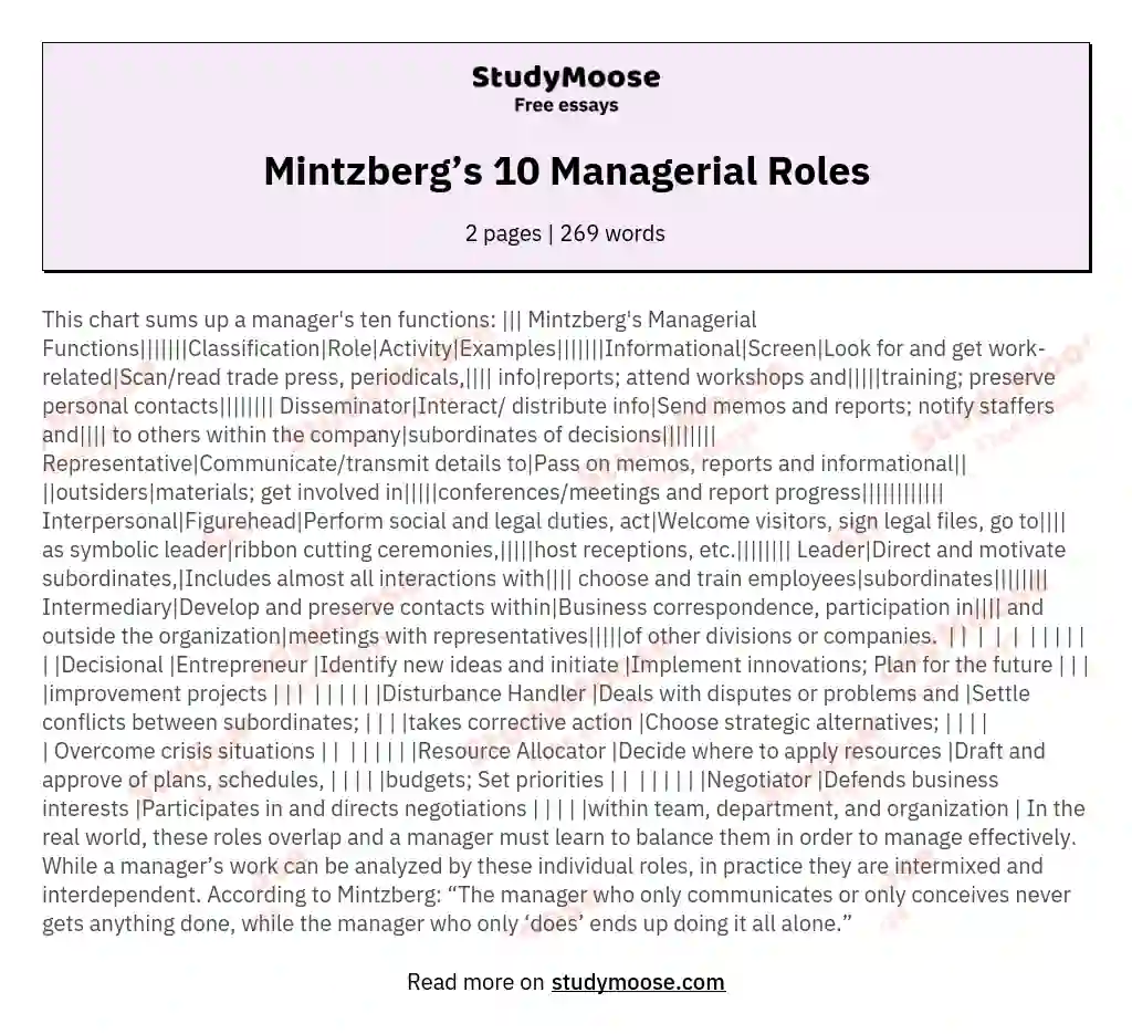 Mintzbergs Managerial Roles Free Essay Example