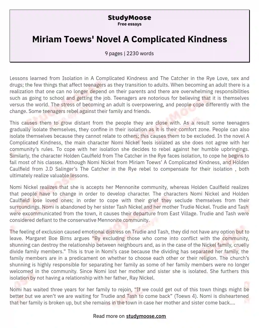 Miriam Toews' Novel A Complicated Kindness