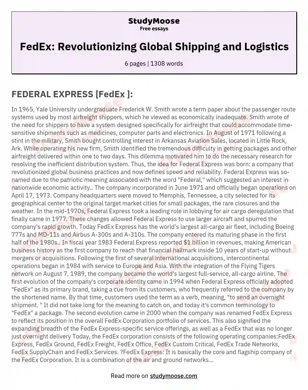 FedEx: Revolutionizing Global Shipping and Logistics essay