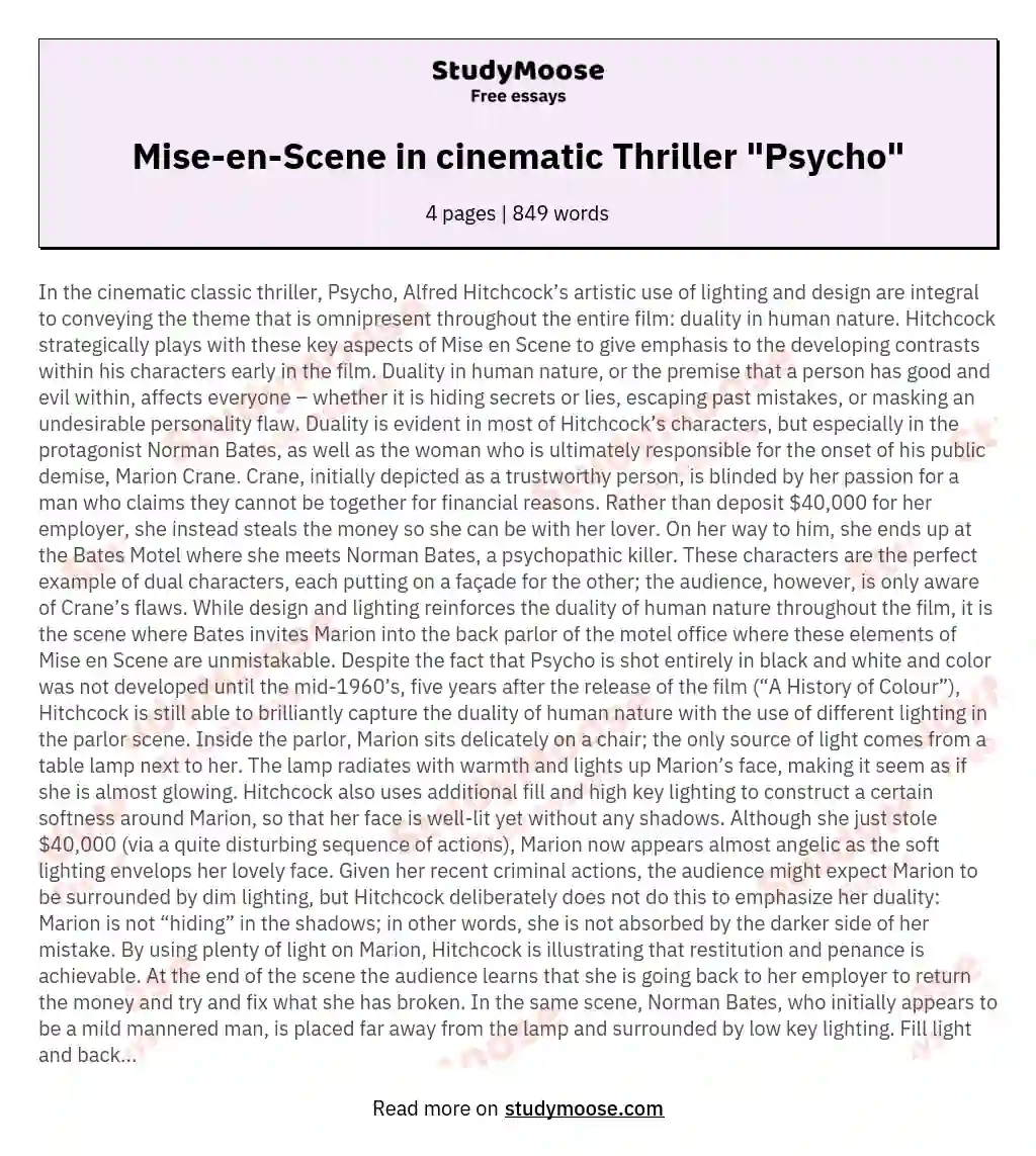 Mise-en-Scene in cinematic Thriller "Psycho"