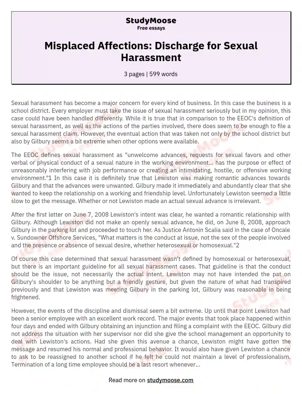 Misplaced Affections: Discharge for Sexual Harassment essay