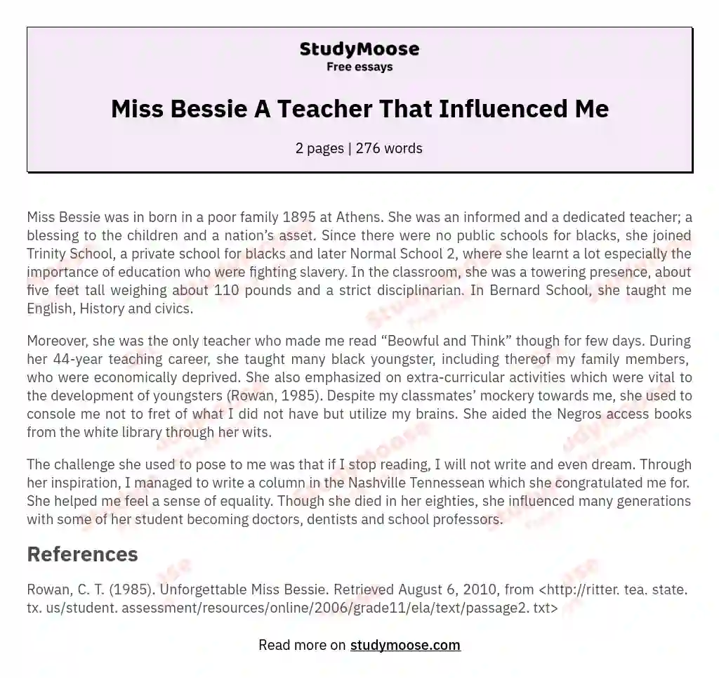Miss Bessie A Teacher That Influenced Me essay