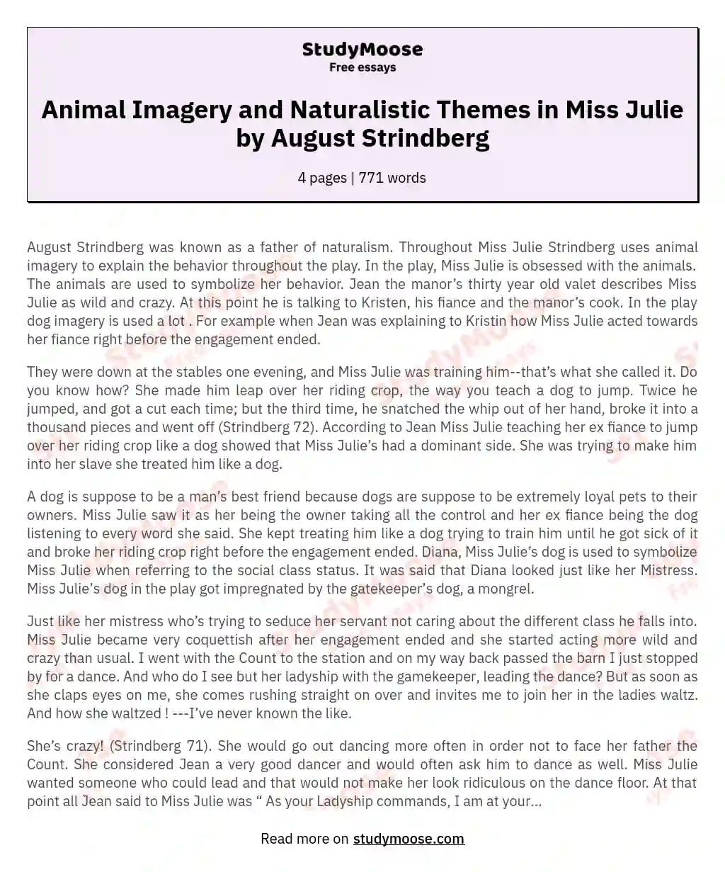 Animal Imagery and Naturalistic Themes in Miss Julie by August Strindberg essay