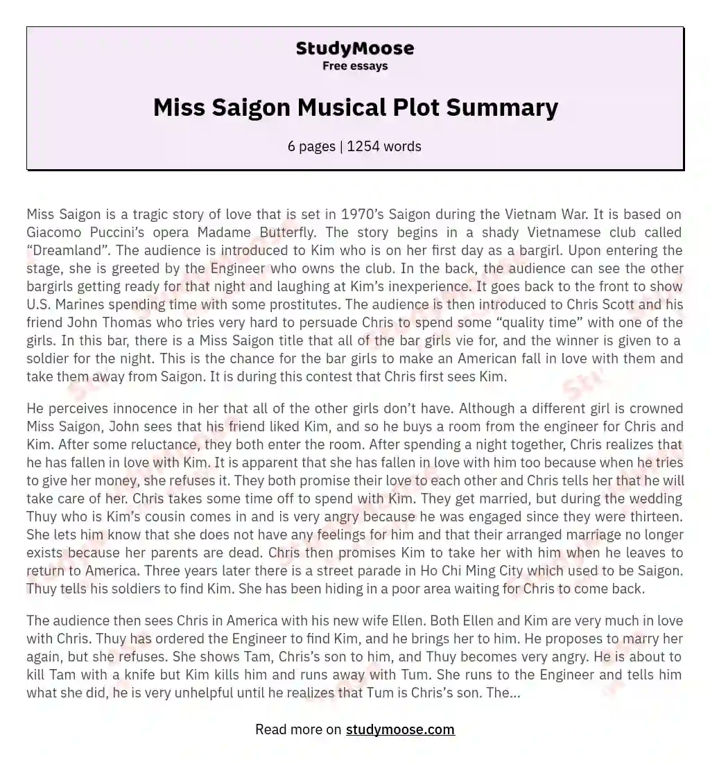 Miss Saigon Musical Plot Summary essay