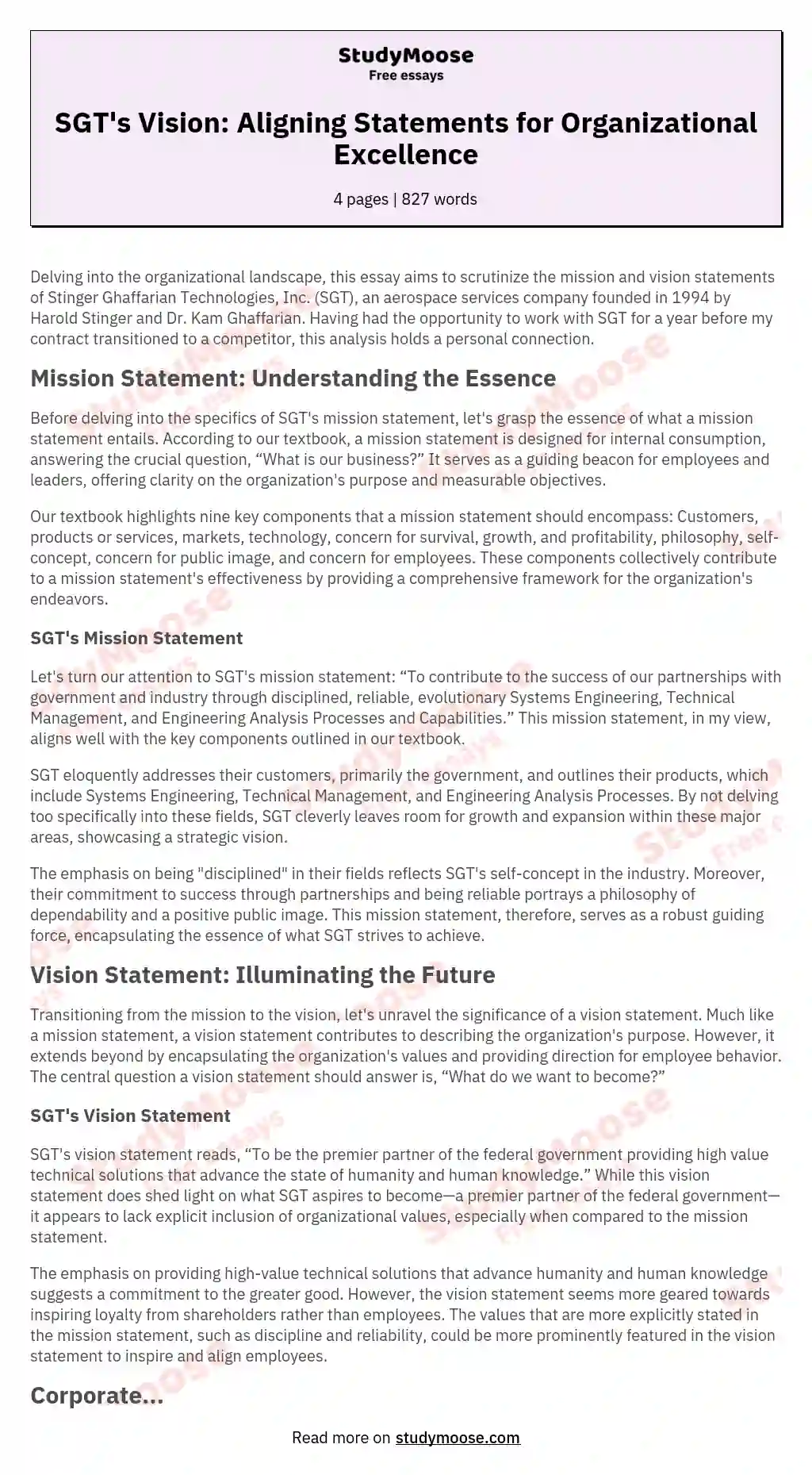 SGT's Vision: Aligning Statements for Organizational Excellence essay
