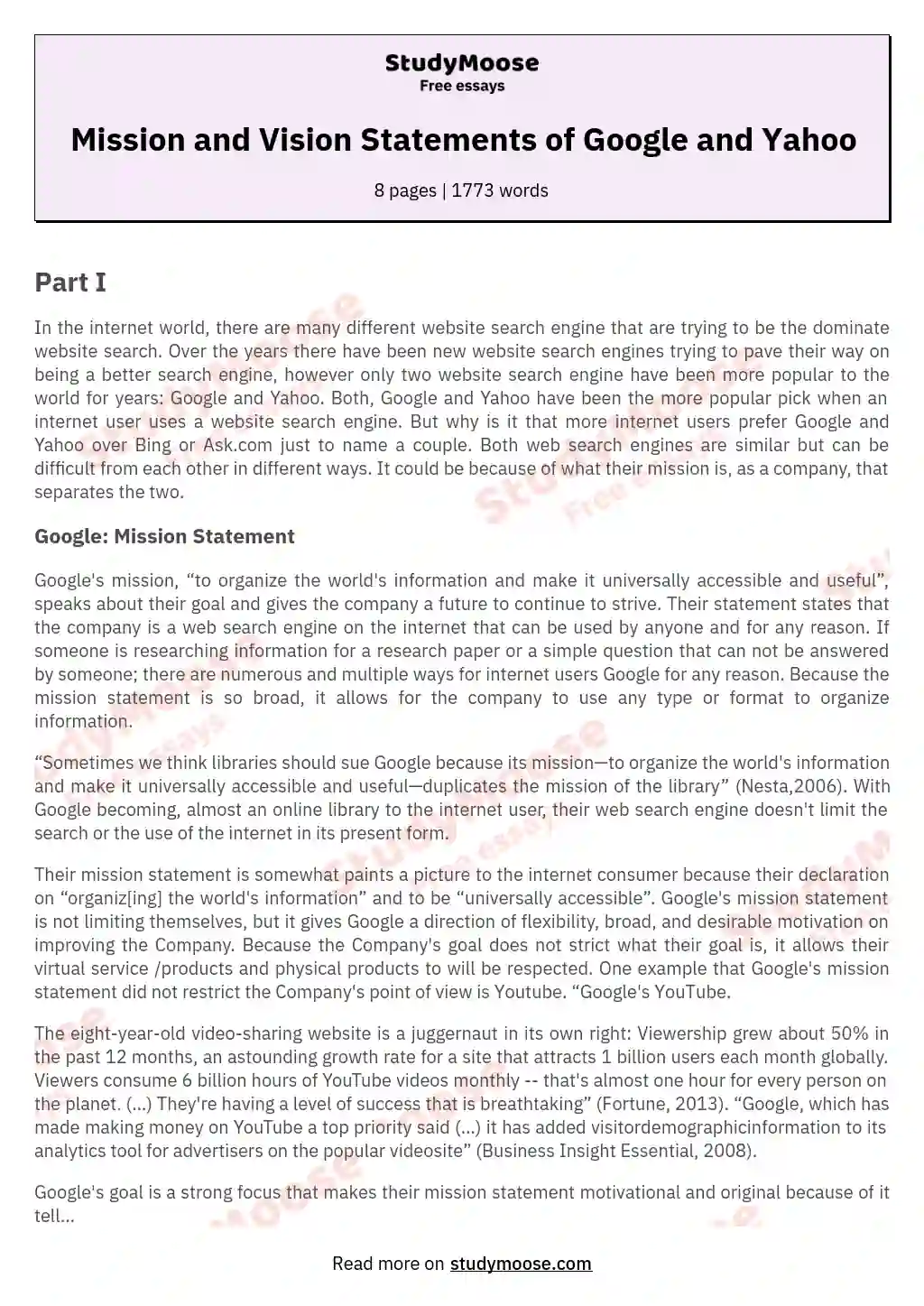 Mission and Vision Statements of Google and Yahoo essay