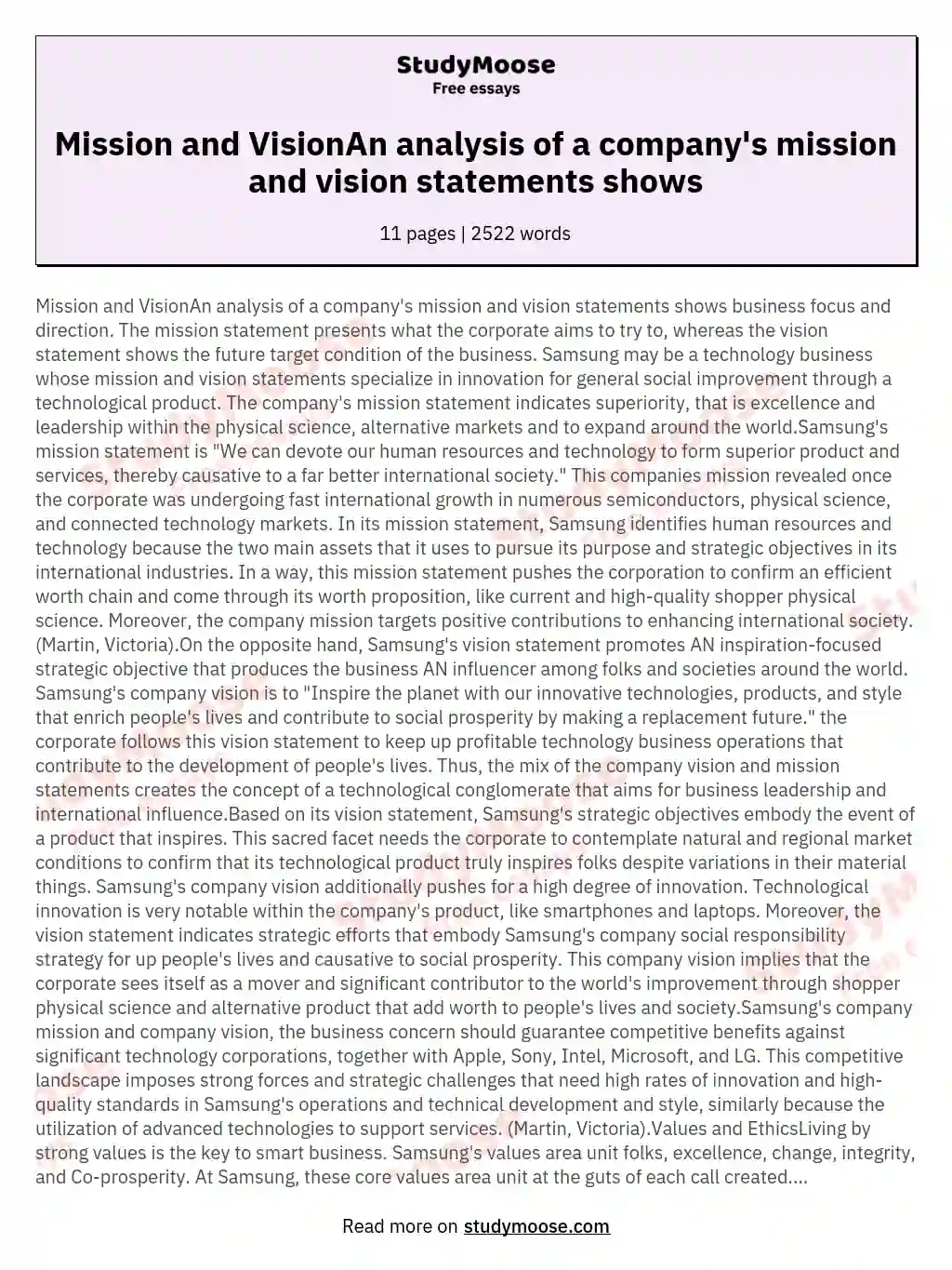 Mission and VisionAn analysis of a company's mission and vision statements shows essay