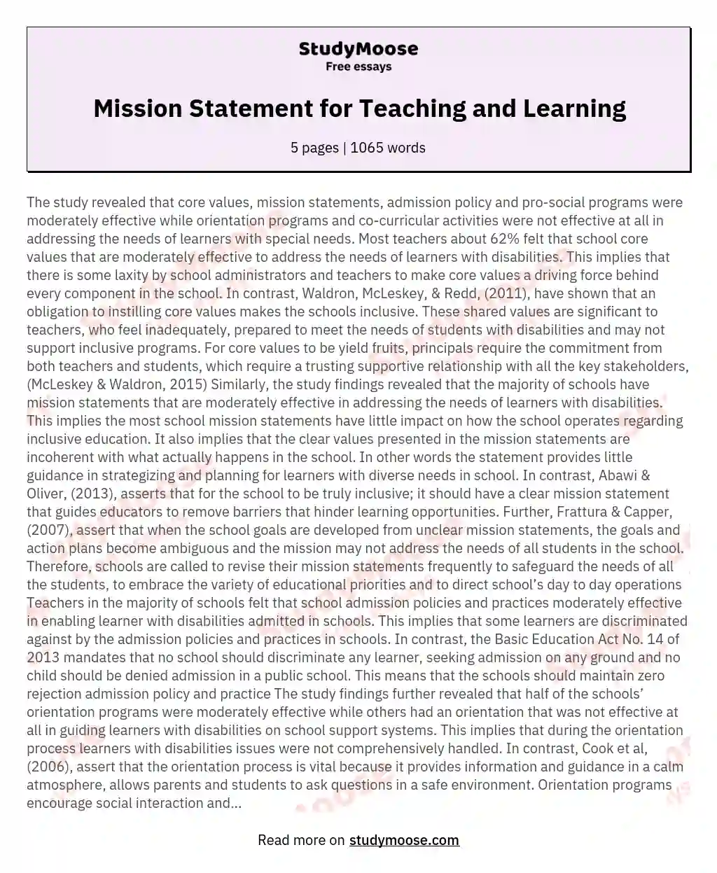 Mission Statement for Teaching and Learning essay