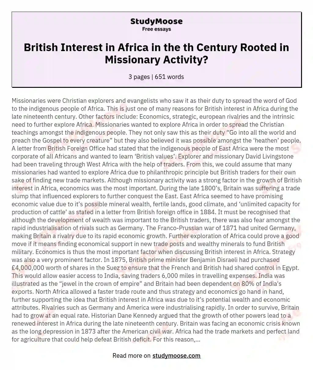 British Interest in Africa in the th Century Rooted in Missionary Activity?