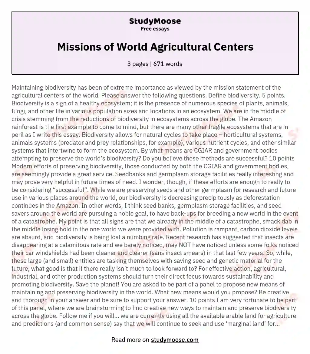 Missions of World Agricultural Centers essay