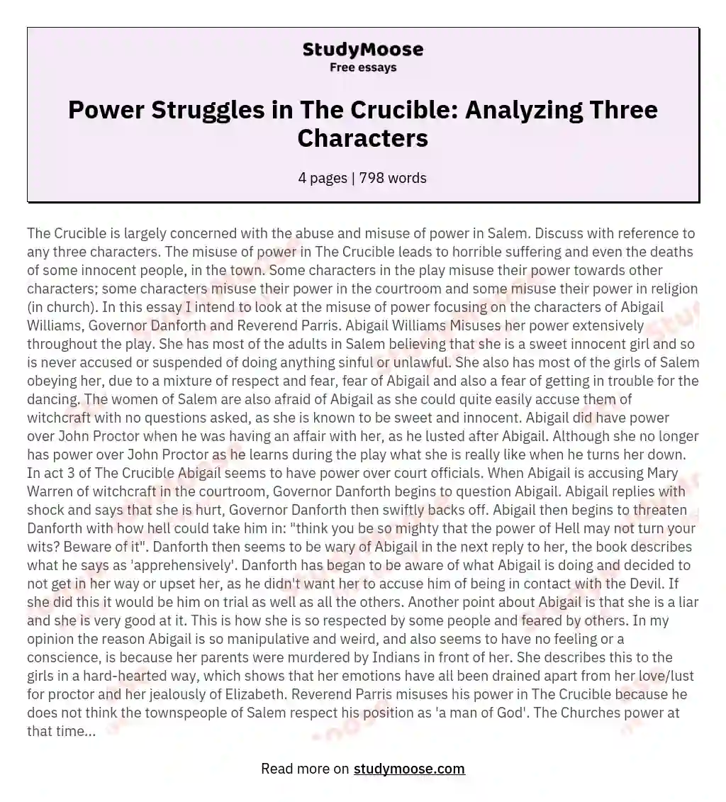 Power Struggles in The Crucible: Analyzing Three Characters essay