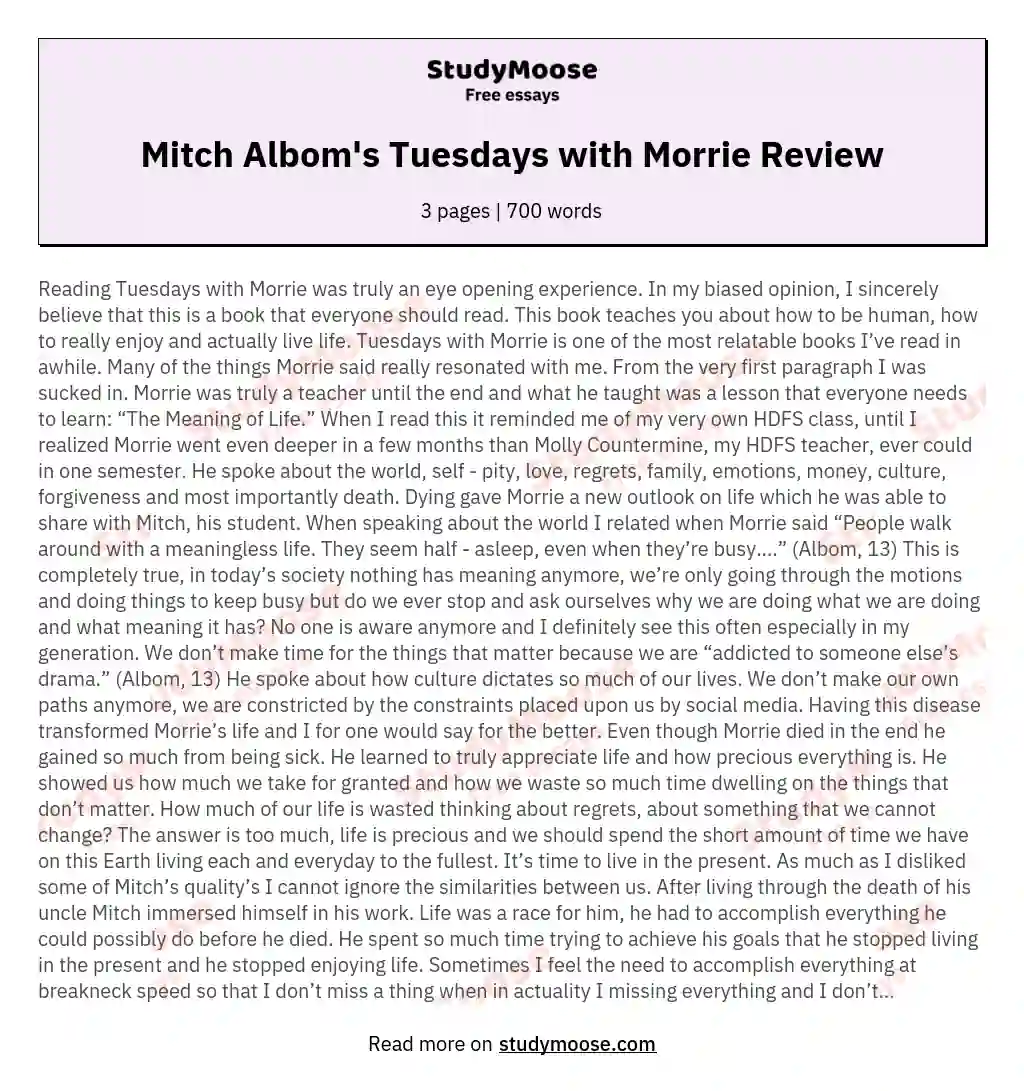 Mitch Albom's Tuesdays with Morrie Review