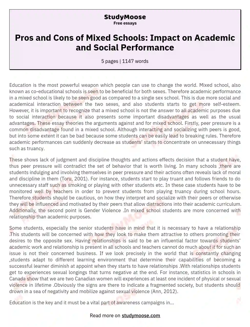 Pros and Cons of Mixed Schools: Impact on Academic and Social Performance essay