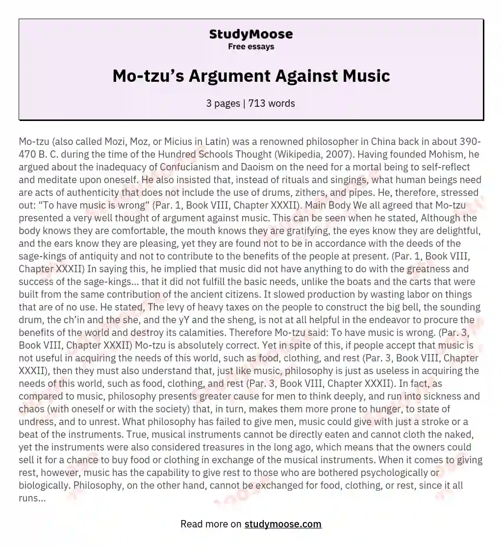 Mo-tzu’s Argument Against Music