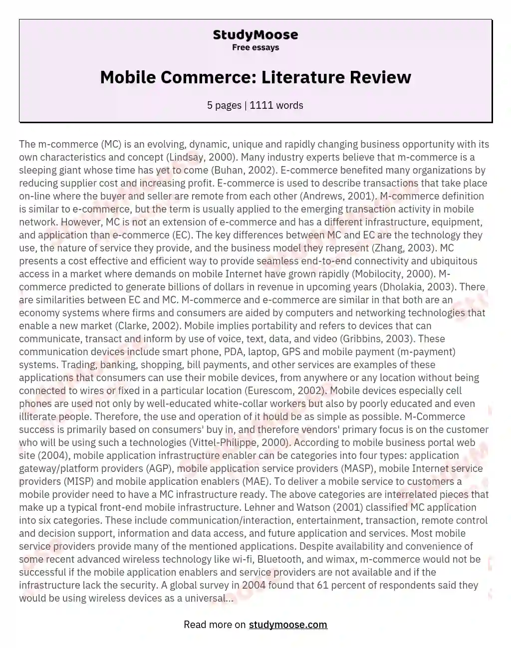 Mobile Commerce: Literature Review