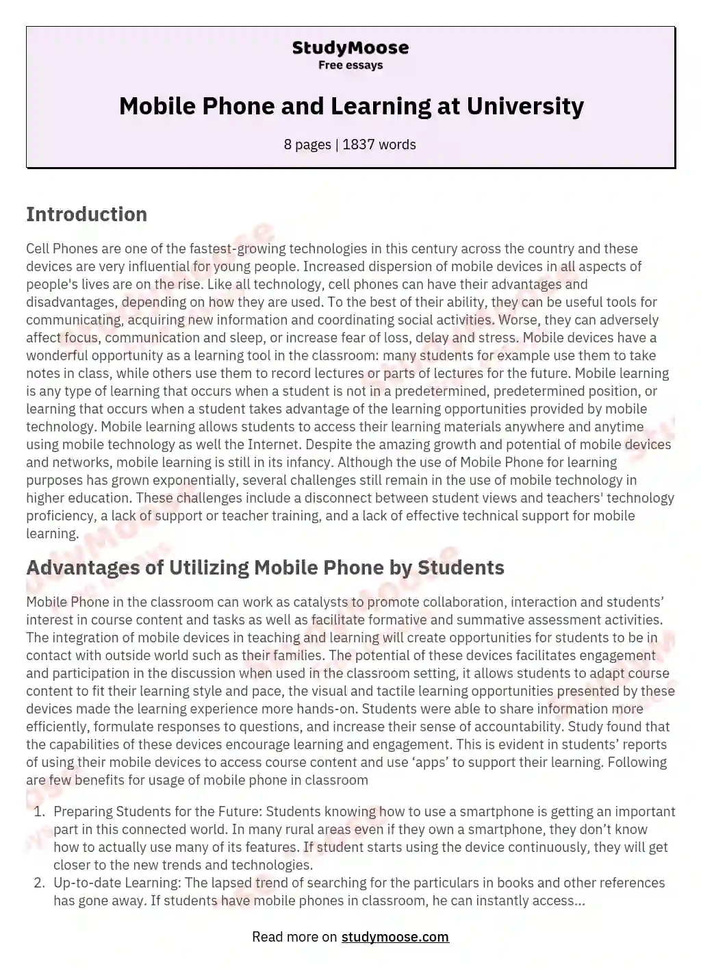 Mobile Phone and Learning at University essay