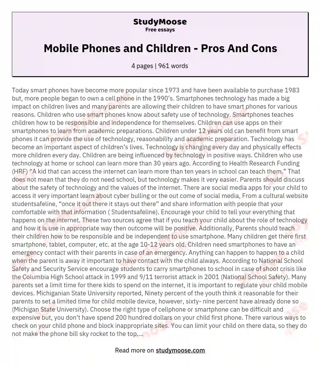 Mobile Phones and Children - Pros And Cons essay