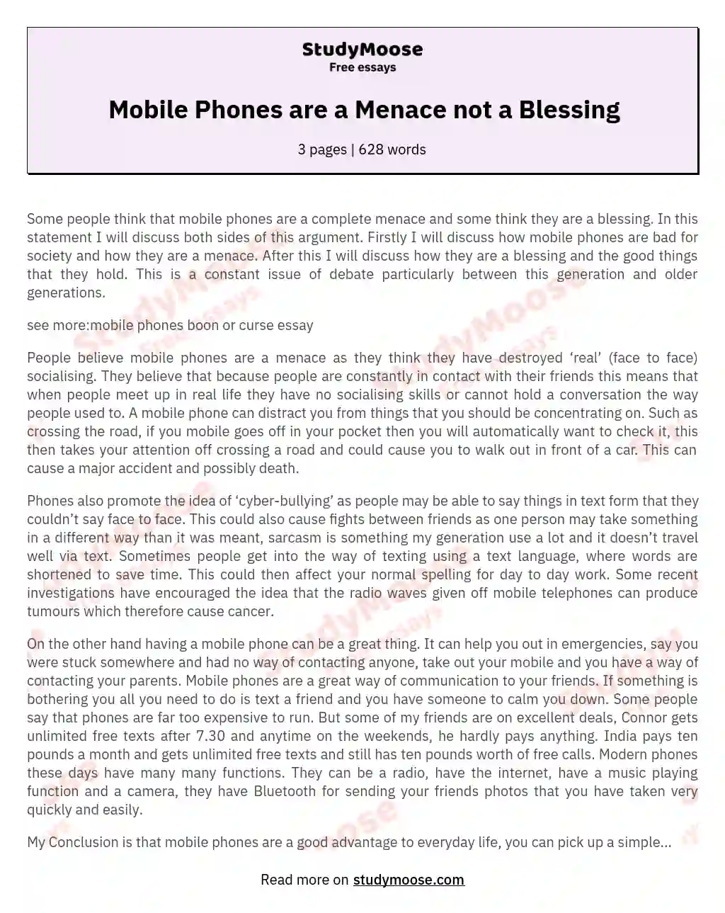 Mobile Phones are a Menace not a Blessing essay