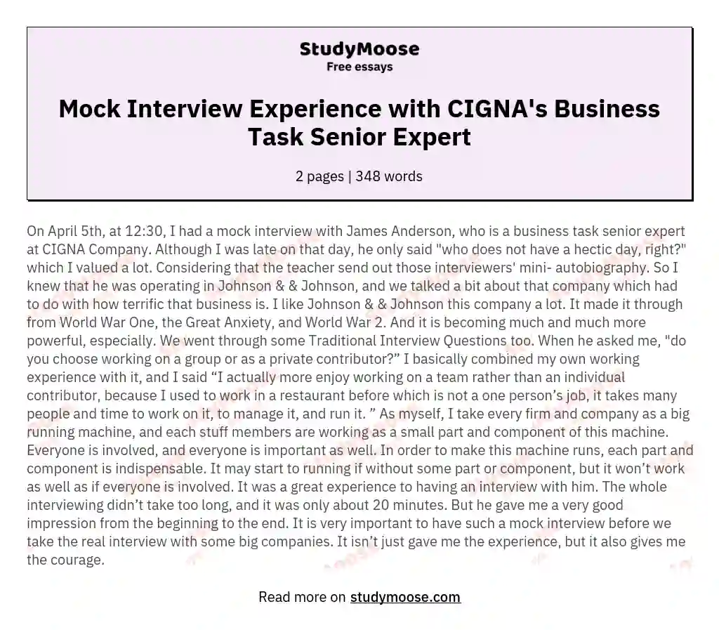 Mock Interview Experience with CIGNA's Business Task Senior Expert essay