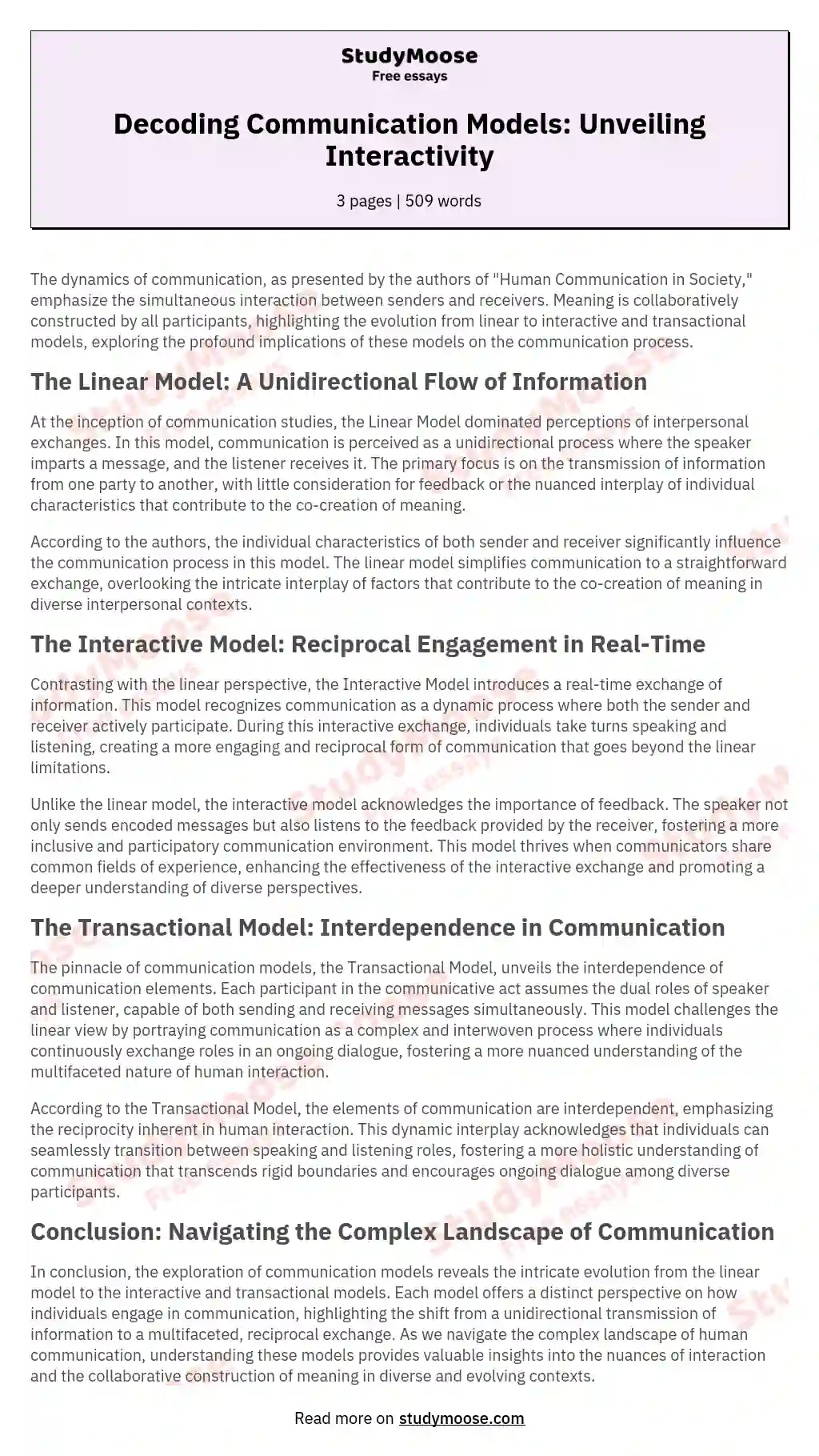 Decoding Communication Models: Unveiling Interactivity essay