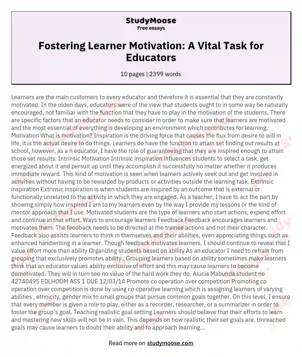 Fostering Learner Motivation: A Vital Task for Educators essay