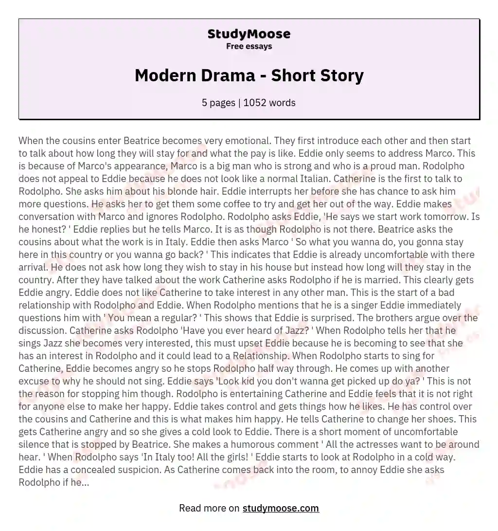 sympatisk fordrejer Forberedende navn Modern Drama - Short Story Free Essay Example