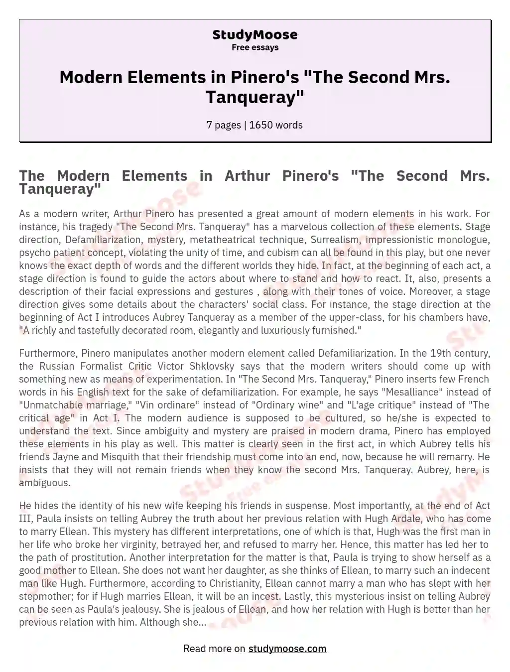 Modern Elements in Pinero's "The Second Mrs. Tanqueray"