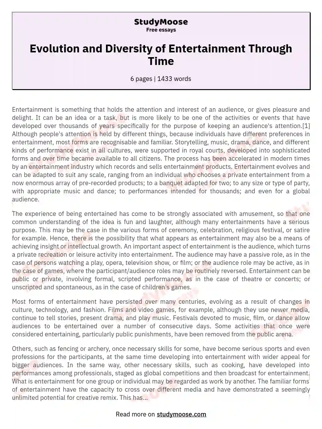 Evolution and Diversity of Entertainment Through Time essay