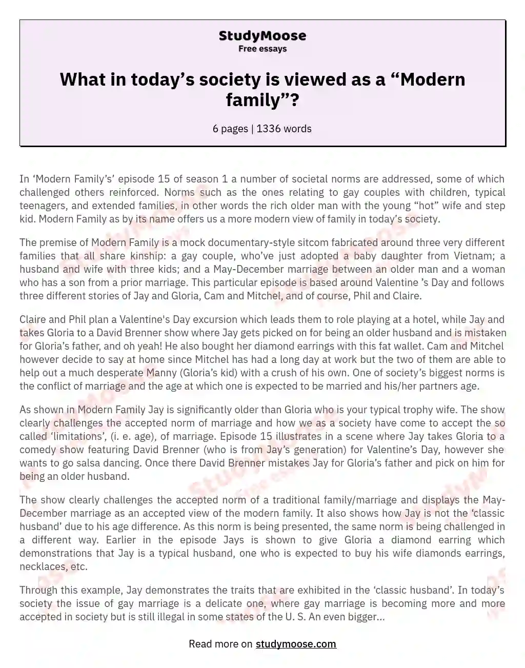 What in today’s society is viewed as a “Modern family”? essay