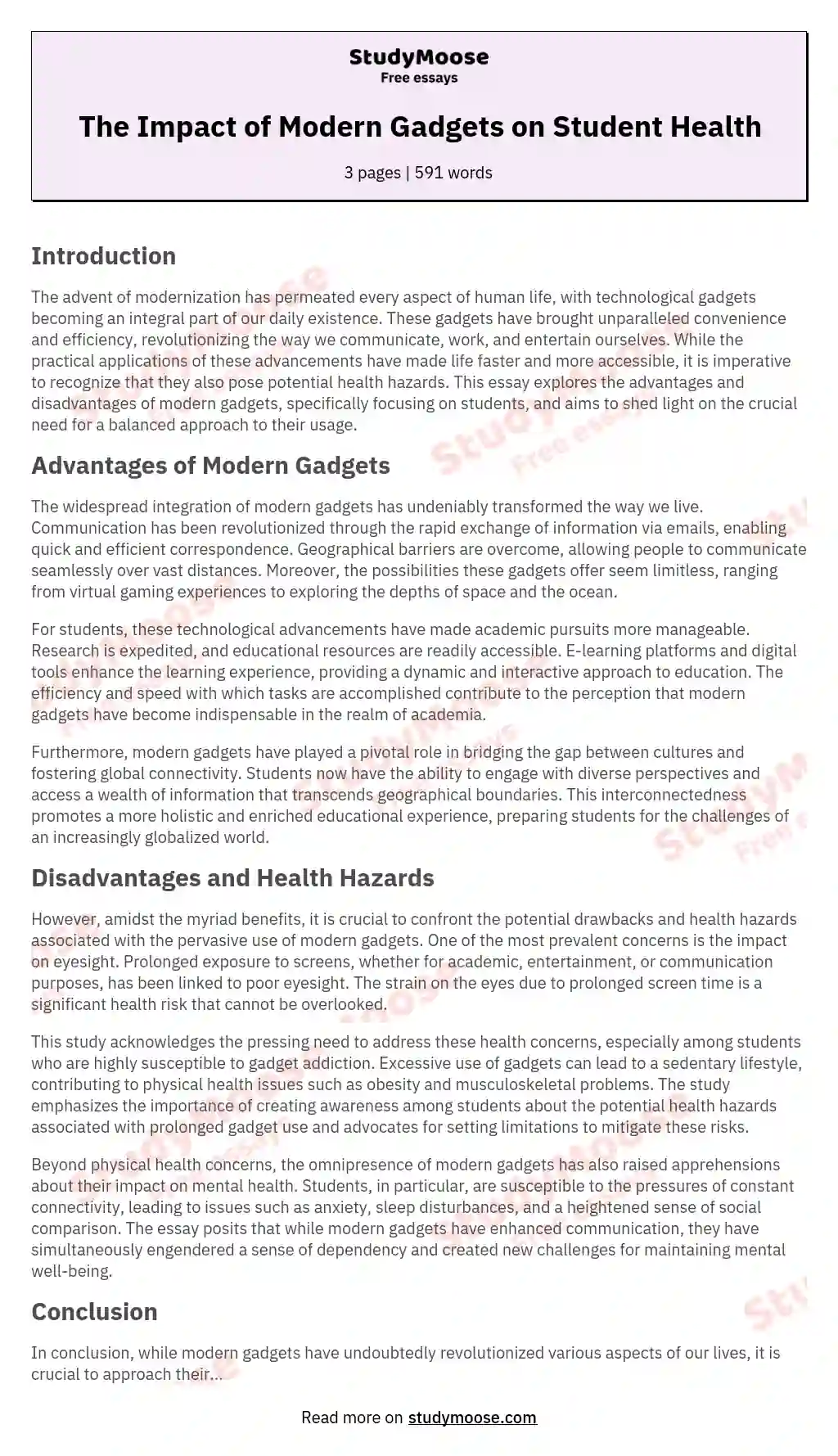 The Impact of Modern Gadgets on Student Health essay
