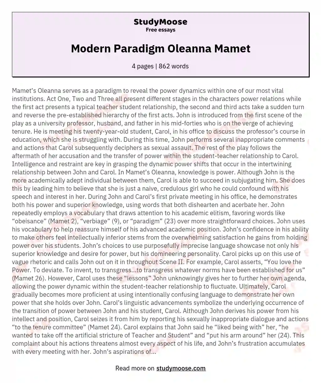 Modern Paradigm Oleanna Mamet essay