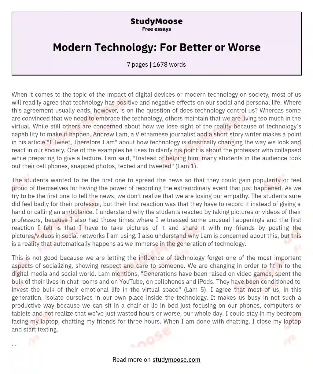 Modern Technology: For Better or Worse essay