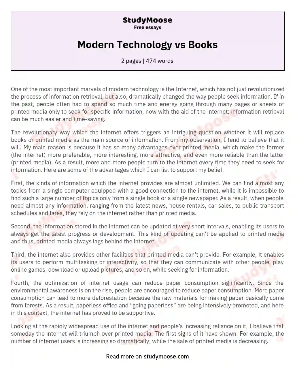 Modern Technology vs Books essay