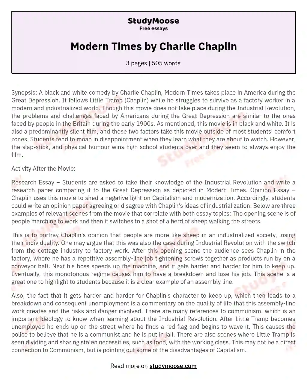 Modern Times by Charlie Chaplin essay