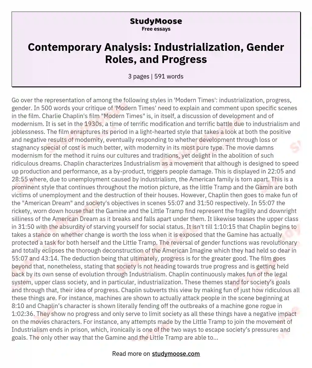 Contemporary Analysis: Industrialization, Gender Roles, and Progress essay